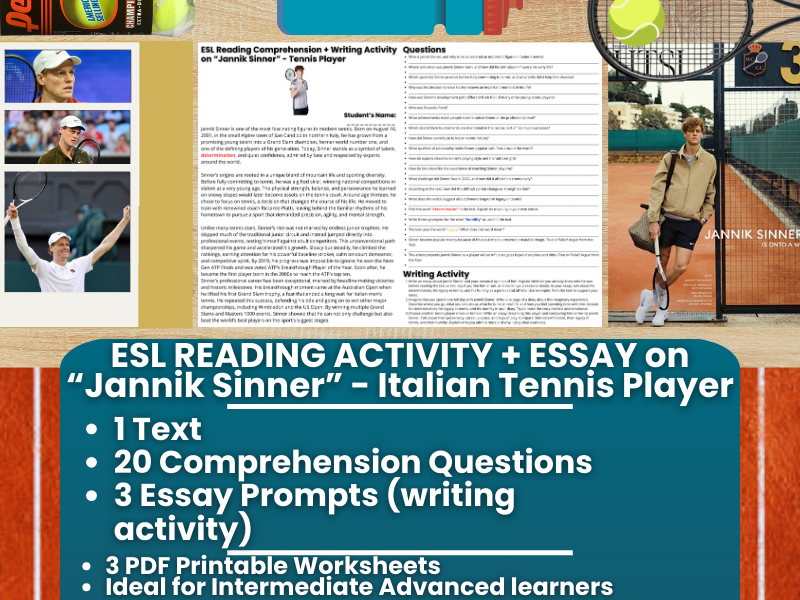 ESL Reading Comprehension + Writing Activity - Jannik Sinner - Italian Tennis Player