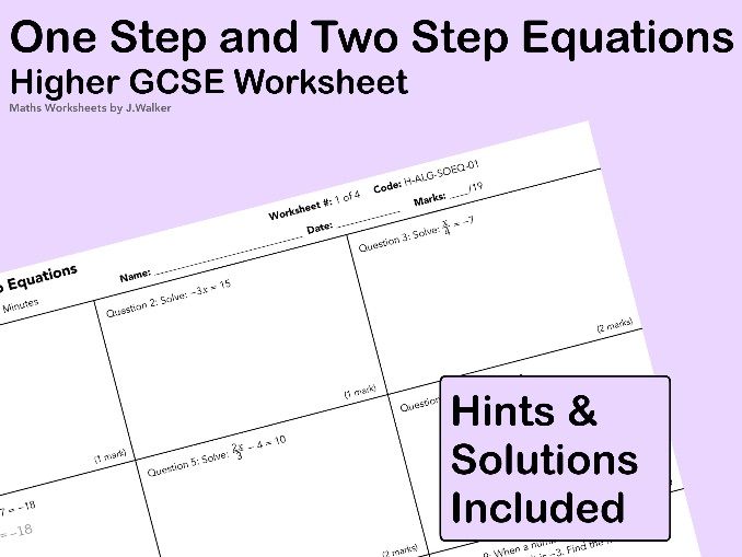 GCSE Maths Worksheet: One Step and Two Step Equations - Higher Tier