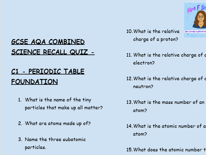 GCSE Chemistry C1 Atomic Structure and Bonding – 30 Retrieval Questions (Foundation Tier | AQA)