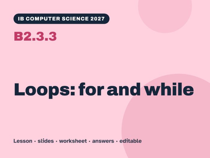 IB Computer Science 2027 – B2.3.3 Loops: for and while – Lesson & Worksheet