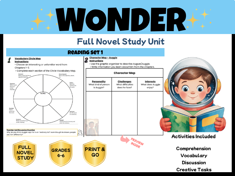 Wonder Full Novel Study & Reading Comprehension Bundle | KS2 KS3 Years 5-9