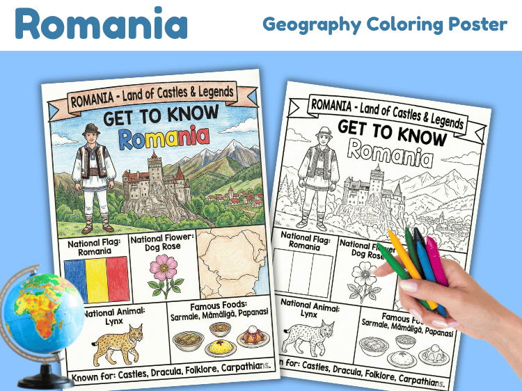 Romania Geography Coloring Poster | Country Facts & Culture