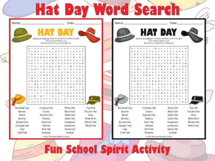 Hat Day Word Search | Fun School Spirit Activity | Vocabulary Printable
