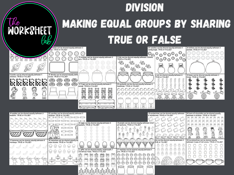 Division - Making Equal Groups by Sharing TRUE or FALSE Worksheets in Black and White