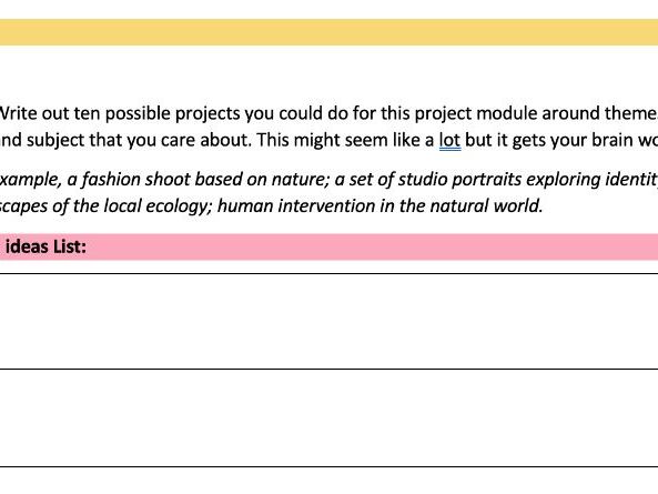 Ten Ideas Task Generating art or photography project ideas worksheet.