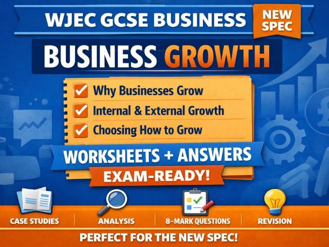 WJEC (2025 spec) GCSE Business Unit 3.1 Business growth Homework Pack | 3 Worksheets + Mark Scheme