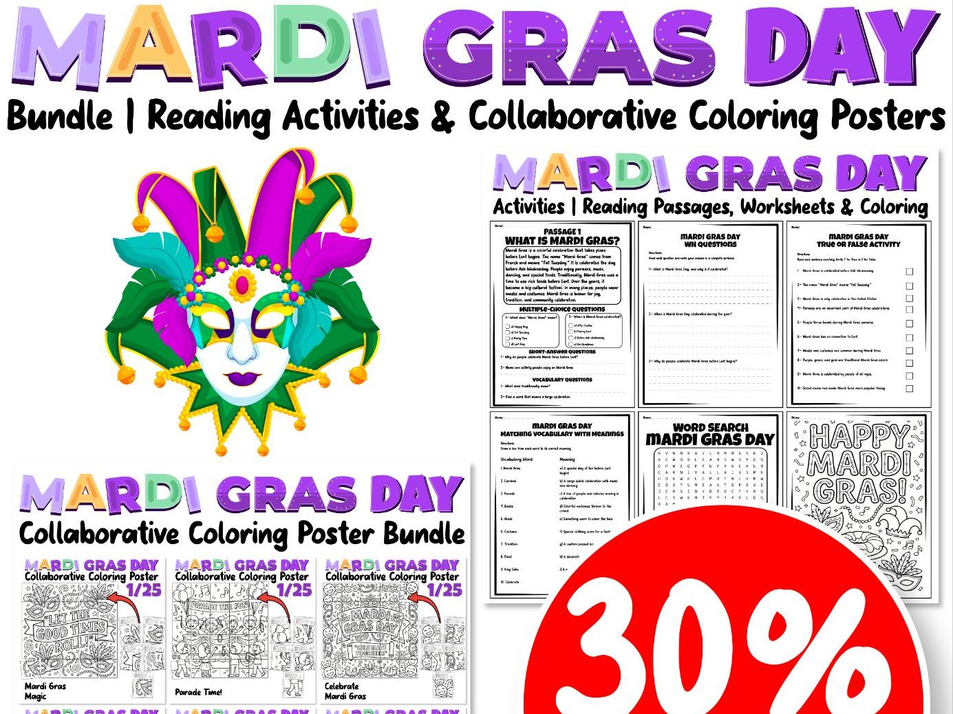 Mardi Gras Day Bundle | Reading Activities & Collaborative Coloring Posters