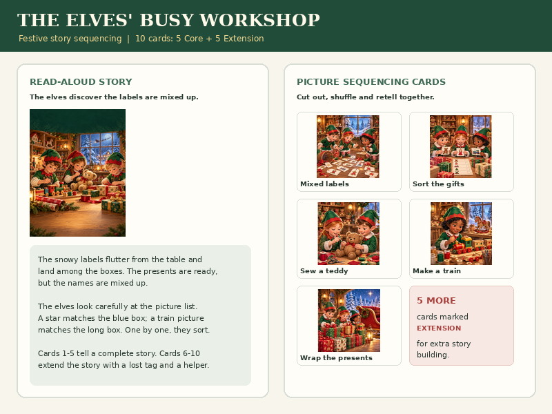 The Elves’ Busy Workshop | Festive Story Sequencing Cards & Make-Your-Own Story Pack