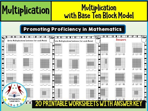 Multiplication with Base Ten Blocks Models Worksheets Math Problems
