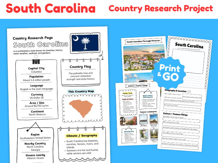 South Carolina State Research Project | US Geography & State Study Worksheets