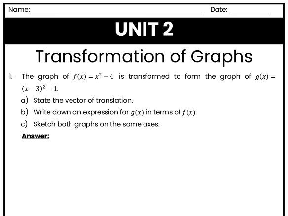 IB Math AI Worksheet 2.8 - Transformation of Graphs