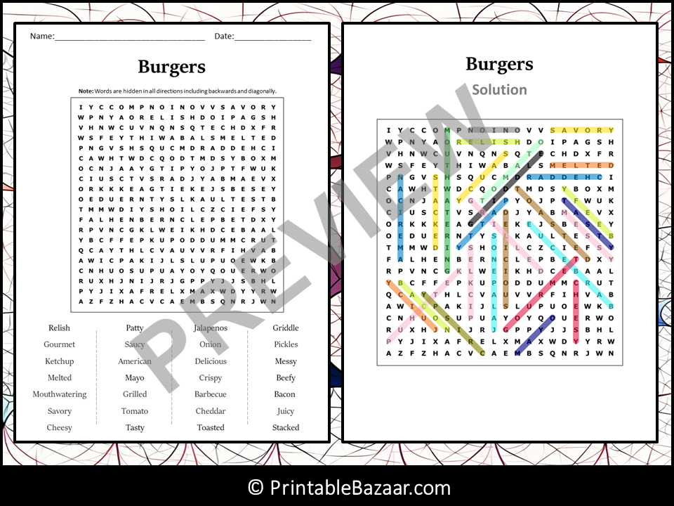 Burgers Word Search Puzzle Worksheet Activity | Teaching Resources