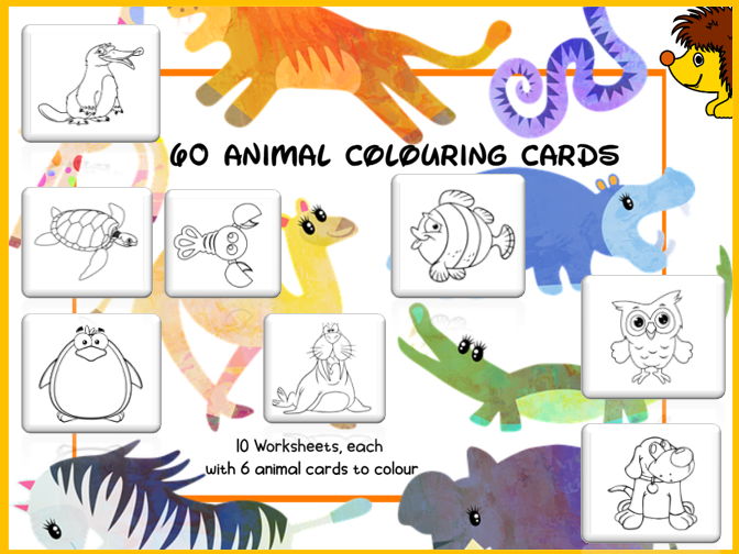 60 Animal Colouring Cards EYFS