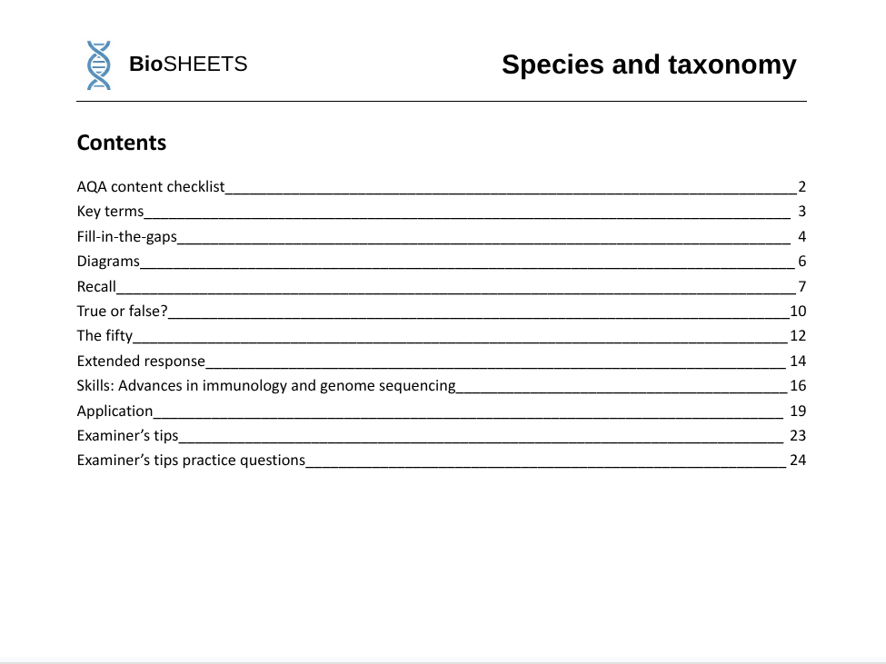 AQA A-Level Biology: 4.5 Species and taxonomy – BioSHEETS Complete Study & Practice Pack