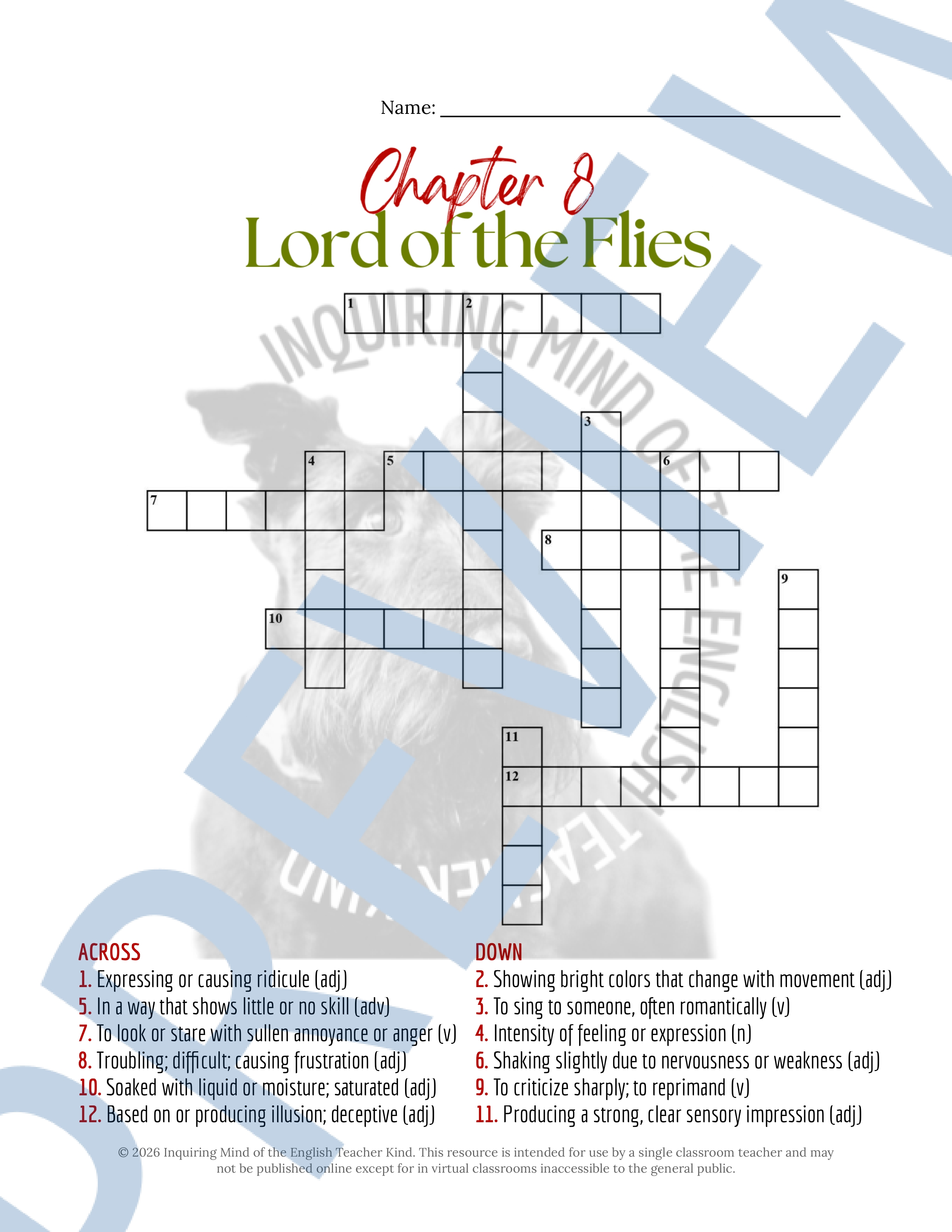Lord of the Flies Chapter 8 Vocabulary Games | Crossword Puzzle | Word ...