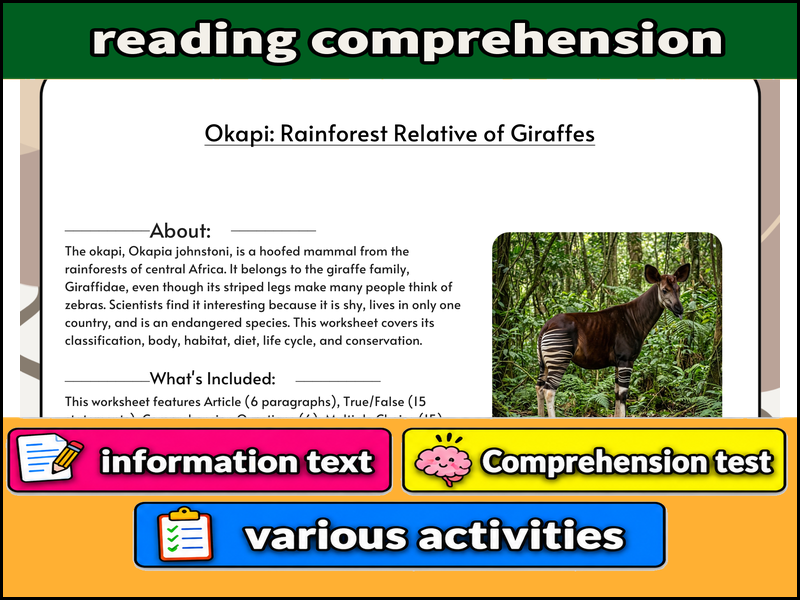 Okapi: Rainforest Relative of Giraffes & Comprehension Test