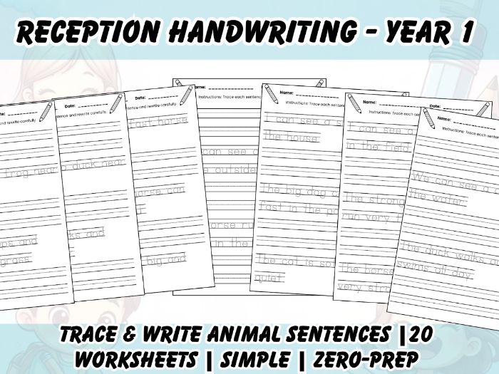 Reception EYFS Year 1 Animal Sentence Tracing Handwriting Practice 20 Worksheets  (version 3))