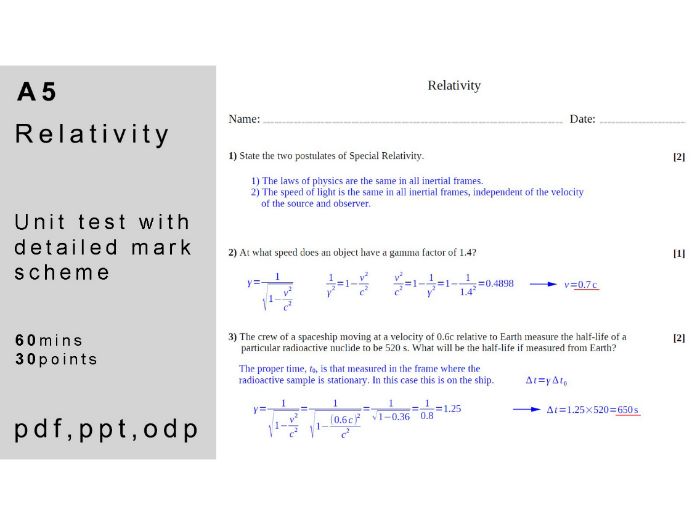 IB physics: A.5 - Relativity (HL). Unit Test.