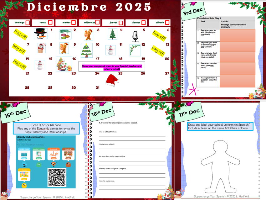 Spanish 12 days of Christmas advent calendar challenge KS4