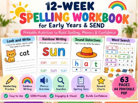 12-Week CVC Phonics & Spelling Workbook | Early Years & SEND | 48 Words | Printable Activities