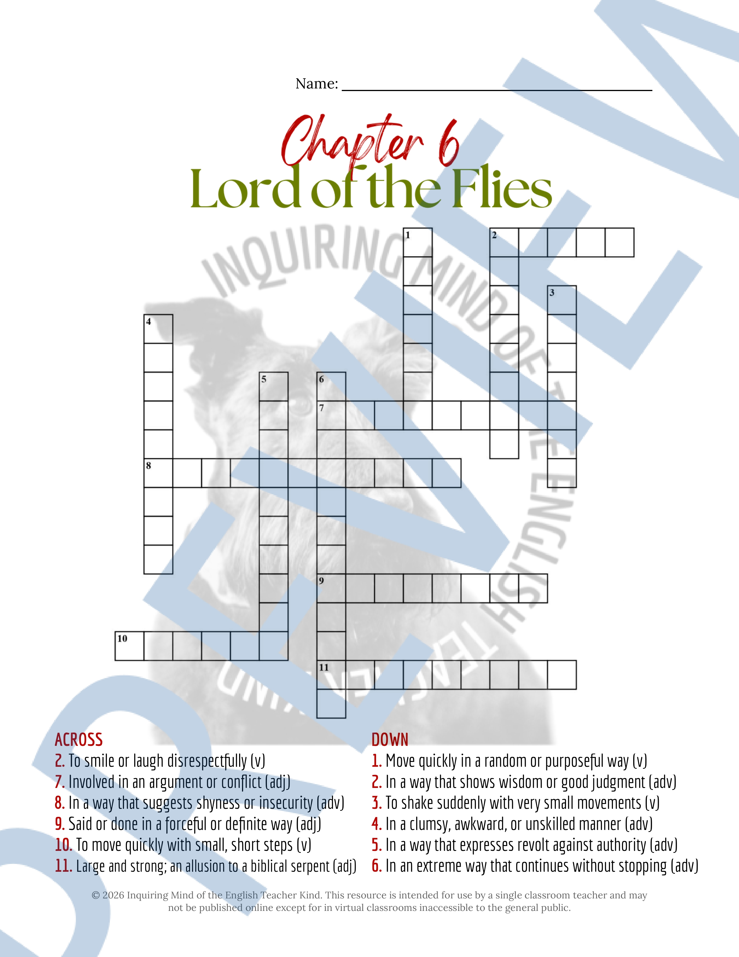 Lord of the Flies Chapter 6 Vocabulary Games | Crossword Puzzle | Word ...