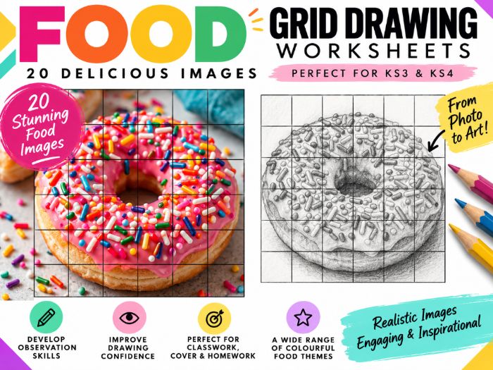 Colourful Food Grid Drawing Worksheets | 20 Art Activities | KS3 & KS4 | 6x6 Grid Drawing