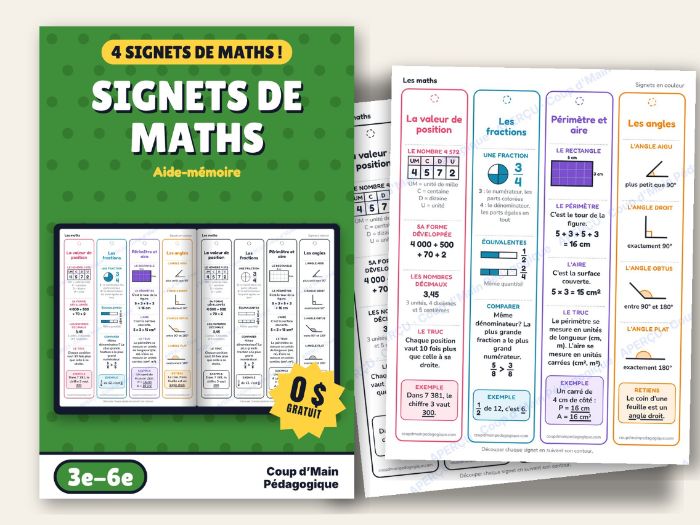 FREE French Math Bookmarks Grade 3-6 Place Value Fractions Angles | Signets