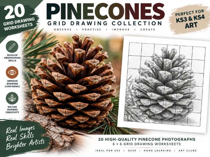 Pinecones Grid Drawing Worksheets | 20 Nature & Woodland Art Activities | KS3 KS4 GCSE