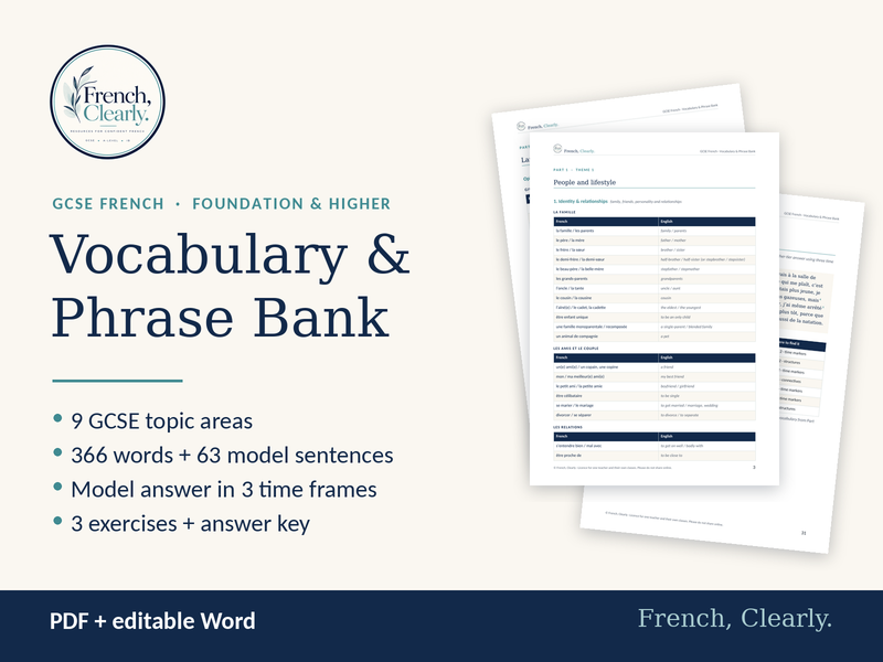 GCSE French Vocabulary & Phrase Bank – 9 Topics, Foundation & Higher (Speaking & Writing)