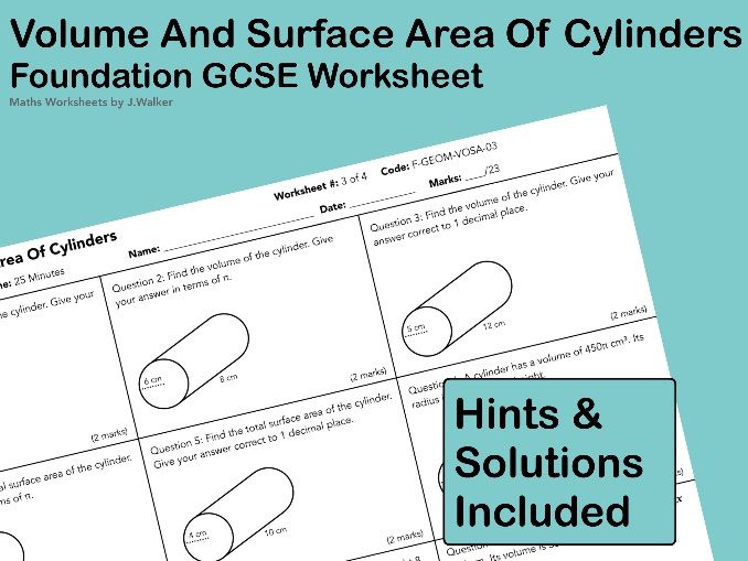 GCSE Maths Worksheet: Volume And Surface Area Of Cylinders - Foundation Tier