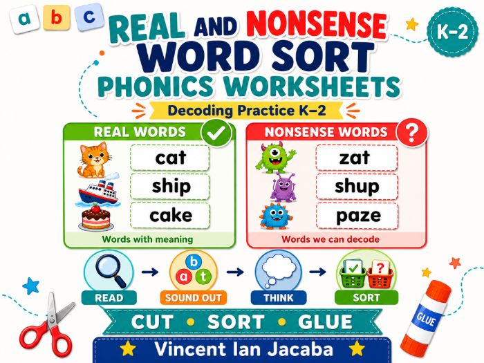 Real and Nonsense Word Sort Phonics Worksheets K–2 | Decoding, Blending & Phonics Practice