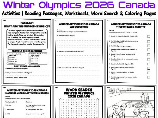 Winter Olympics 2026 Canada Activities | Reading Passages, Worksheets, Word Search & Coloring Pages
