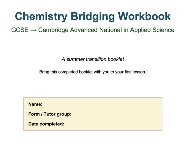 OCR AAQ Applied Science Summer Bridging workbook Chemistry