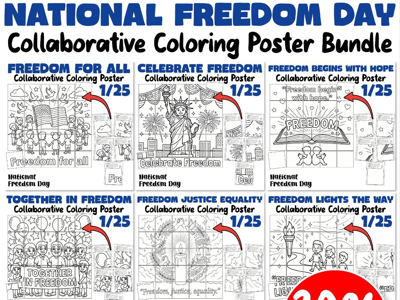 National Freedom Day Collaborative Coloring Posters Bundle | 6 Classroom Posters
