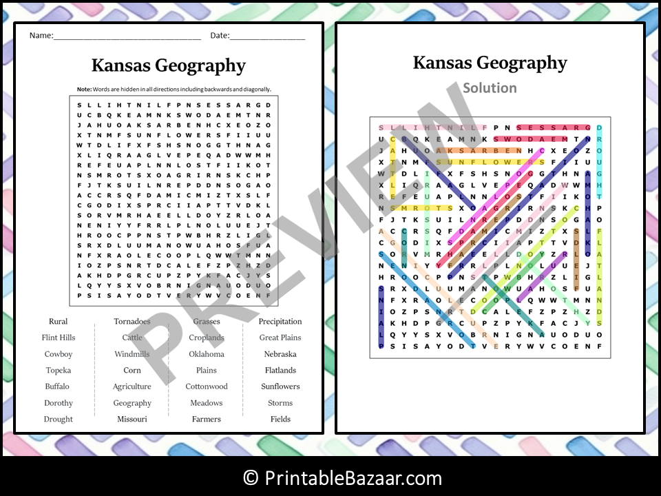 Kansas Geography Word Search Puzzle Worksheet Activity Teaching Resources