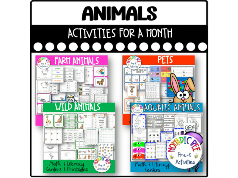 Animals Math and Literacy Centers and Emergent Reader Activities