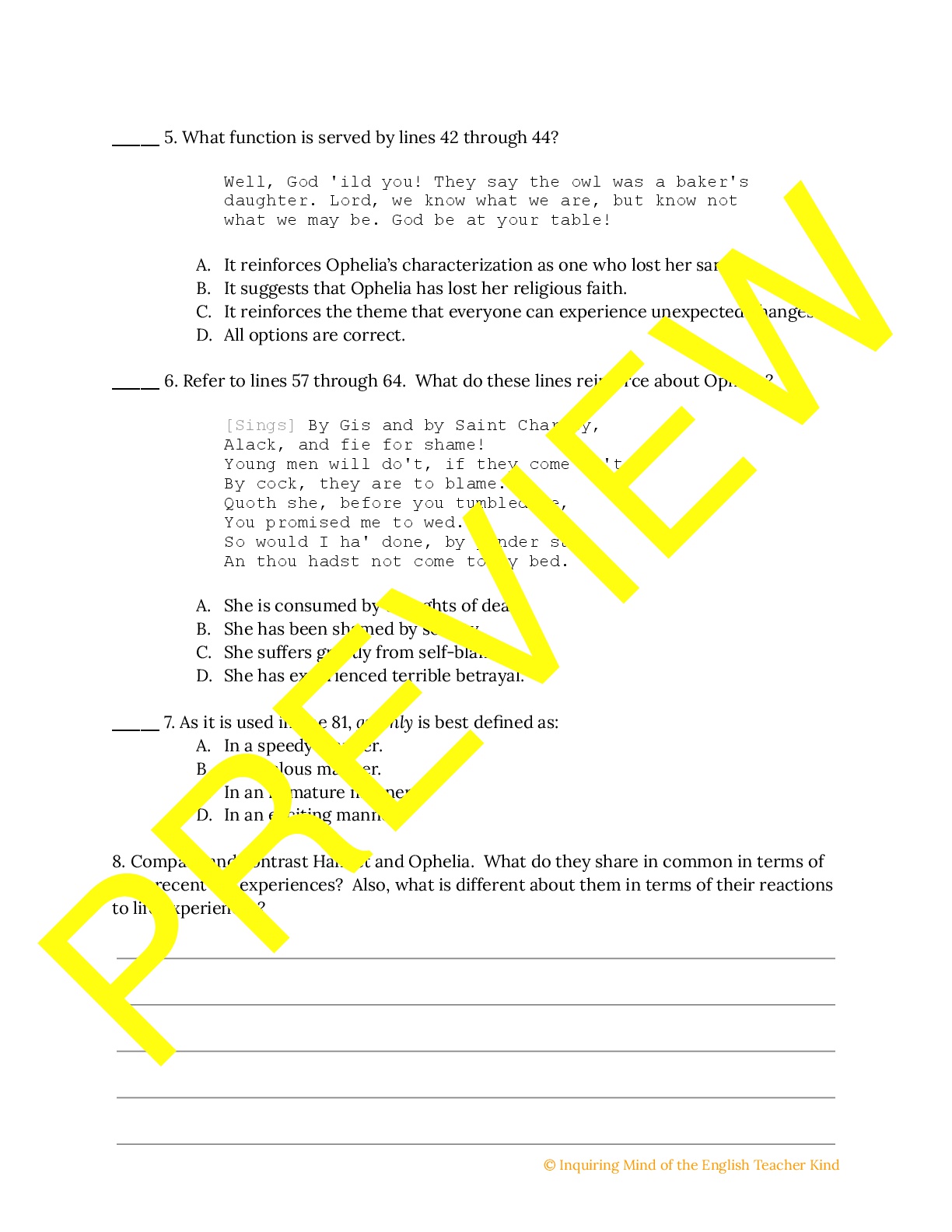 Hamlet Close Reading Worksheet Act 4 5 Teaching Resources