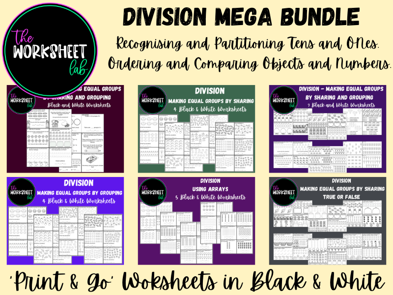 DIVISION BUNDLE - Making Equal Groups by Sharing and Grouping and Using Arrays Worksheets in Black & White