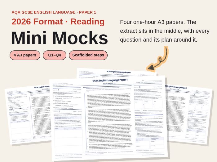 GCSE English Language Paper 1 Mini Mocks | AQA 2026 Format | 4 Scaffolded A3 Reading Papers