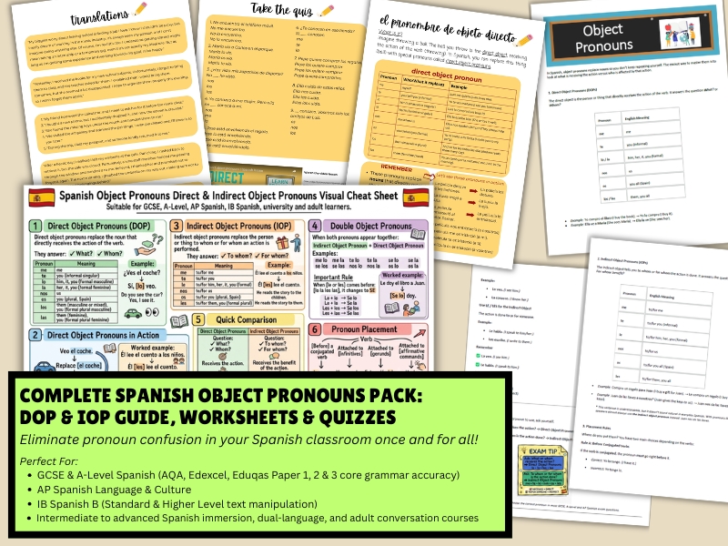 Complete Spanish Object Pronouns Pack: DOP & IOP Guide, Worksheets & Quizzes