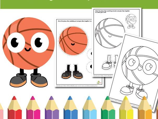 Basketball Ball Mascot Art & Craft Printable Pack Cut, Color, and Glue Activity for Kids | 3-Page
