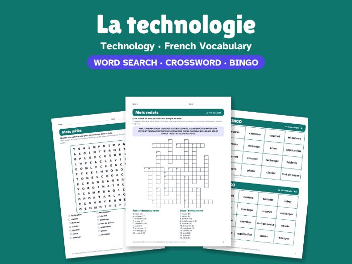 Technology in French: Word Search, Crossword & Bingo