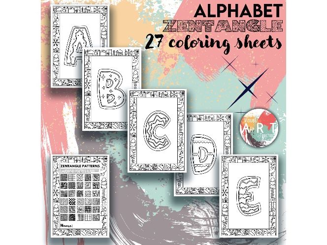 Alphabet Zentangle Colouring Pages | 26 Letters + Pattern Guide | Mindfulness