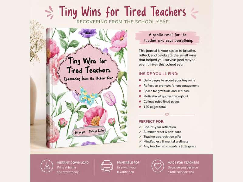 120-Page Teacher Reflection & Self-Care Journal for Educators Printable PDF | Teacher Wellness Check
