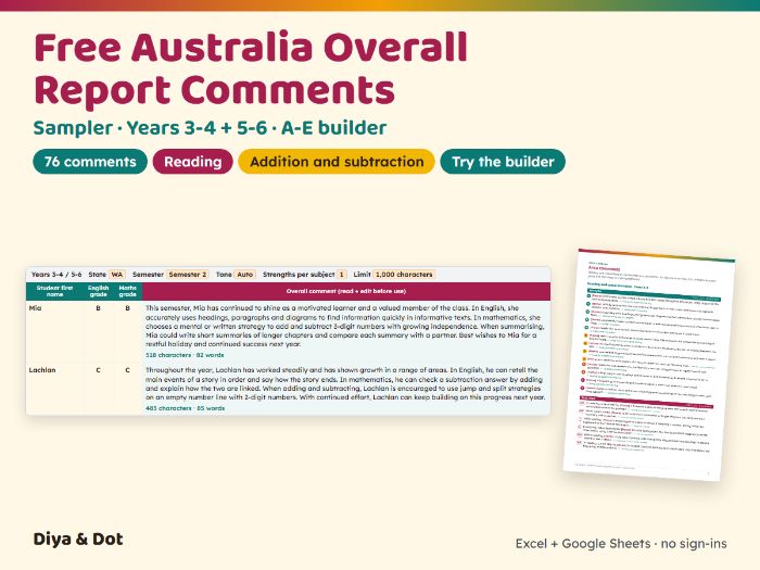 FREE Overall Report Comments AU Yr 3-6
