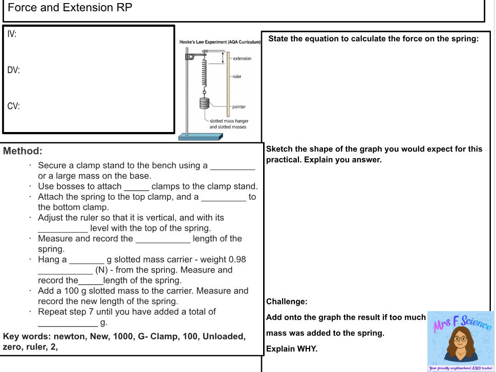 FORCE AND EXTENSION (HOOKES LAW) REQUIRED PRACTICAL WORKSHEET