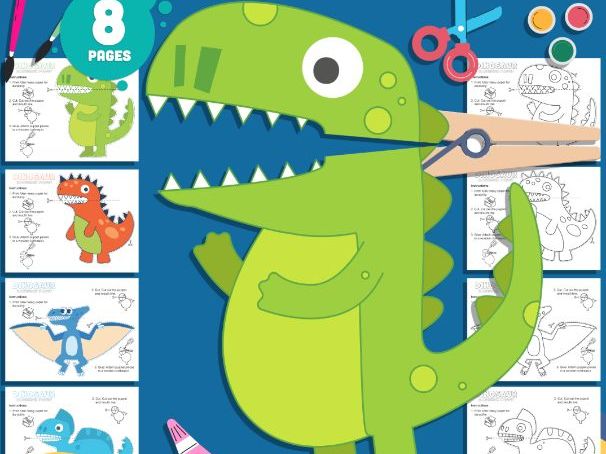 Clothespin Dinosaur Puppets for Kids, 4 Fun Designs, Pre-Colored + Black & White
