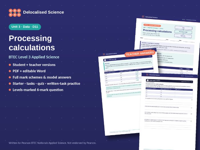 BTEC Applied Science Unit 3: Processing calculations (D11) - worksheet + answers