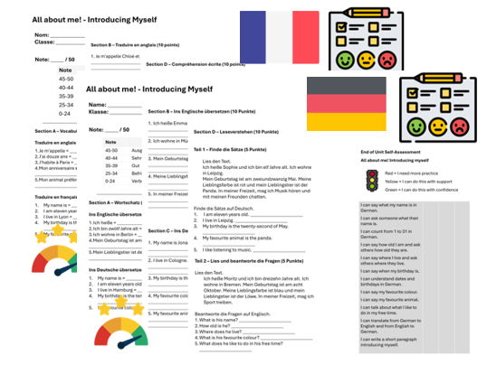All about me! Introducing myself (French & German) – Assessment, Mark Scheme & Self Assessment
