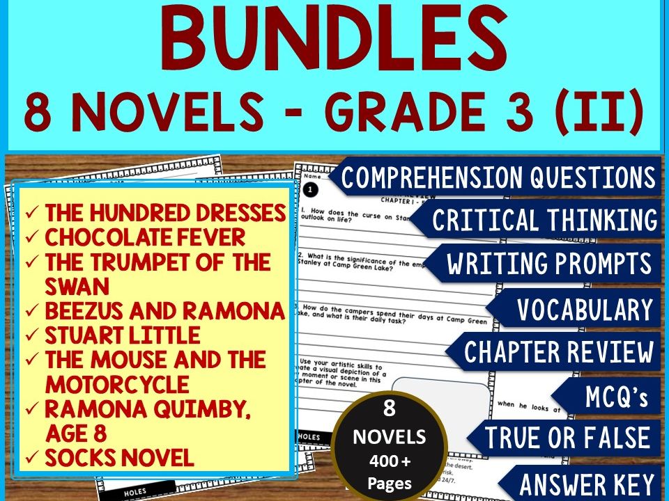 NOVEL STUDY BUNDLE (8 Novels) for GRADE 3 Comprehension, Critical Thinking, Vocab, MCQs, True or False, Writing Prompts